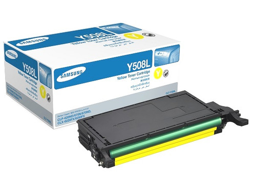 Samsung CLT-Y508L Yellow Toner Cartridge for laser printers, high-yield, compatible with Samsung color laser printers.