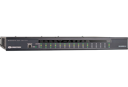 Crestron 16-Port PoE GbE Managed Switch, compact network device for reliable enterprise Ethernet connectivity.