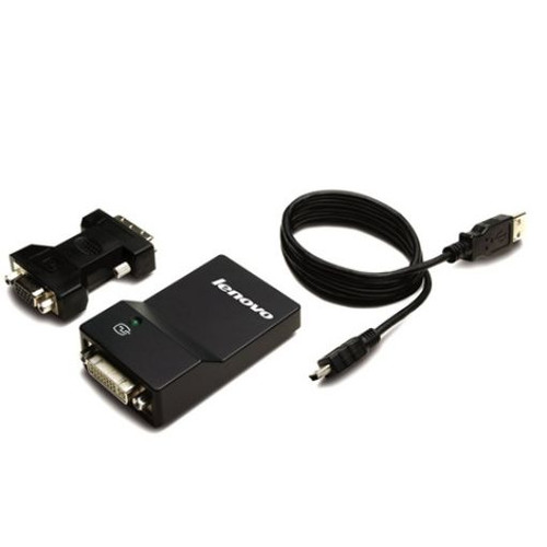 Lenovo 45K5296 USB 2.0 to DVI adapter for connecting external monitors, compact, easy setup, ideal for multi-display setups.