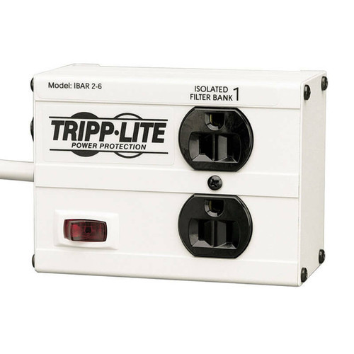 Tripp Lite IBAR2-6 surge protector power strip with 6 outlets, ideal for office and home electronics protection.