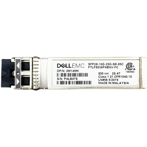 Dell SFP28-10G-25G-SR-85C dual rate SFP+ transceiver for 10G/25GBase-SR, high-speed networking in data centers.