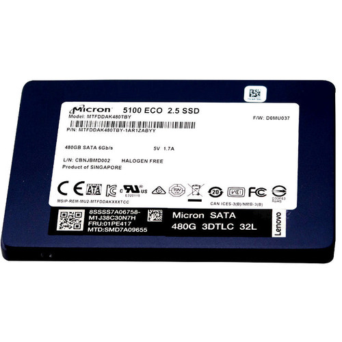 Lenovo 5100 Eco 480GB SATA SSD, 2.5in, high-speed storage for laptops and desktops, model MTFDDAK480TBY-1AR1ZAB. Lenovo 5100 Eco 480GB SATA SSD, 2.5in, high-speed storage for laptops and desktops, model MTFDDAK480TBY-1AR1ZAB.