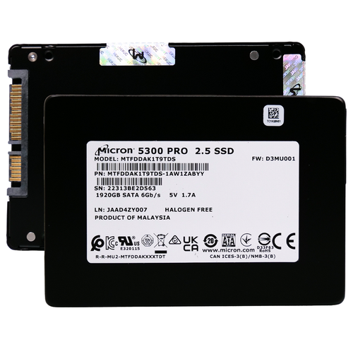 Micron 5300 Pro 1.92TB SATA SSD, 3D TLC, 2.5in enterprise drive for high-performance data storage.
