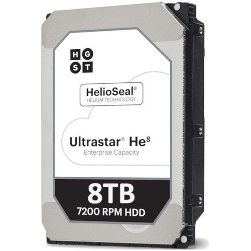 HGST Ultrastar He8 8TB SAS 7.2K RPM 4Kn 3.5in hard drive for enterprise storage and data center use.