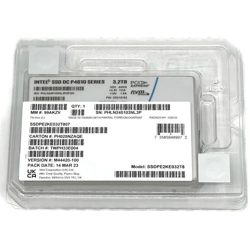 Intel P4610 3.2TB PCIe Gen 3.1 U.2 NVMe SSD, high-speed 4GB/s, 2.5in for enterprise storage.