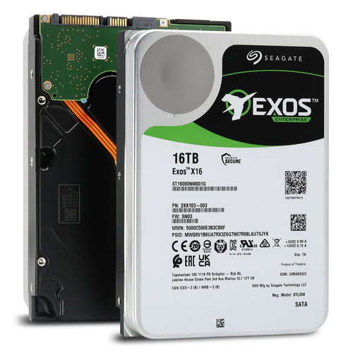 Seagate Exos X16 16TB 7.2K RPM SATA HDD, 256MB cache, 3.5" enterprise storage for data centers.