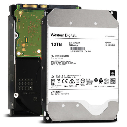 Western Digital Ultrastar DC HC520 12TB 7.2K RPM SATA 6Gb/s 3.5" HDD for enterprise storage, power disable pin.