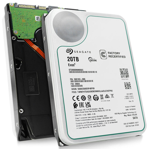 Seagate Exos 20TB 7.2K RPM SATA 6Gb/s 512e 3.5in hard drive for enterprise storage and data centers.