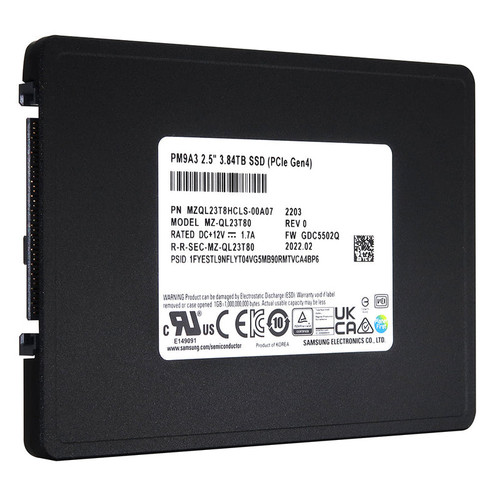 Samsung PM9A3 3.84TB PCIe Gen 4.0 SSD, high-speed storage for data centers, part MZ-QL23T80.