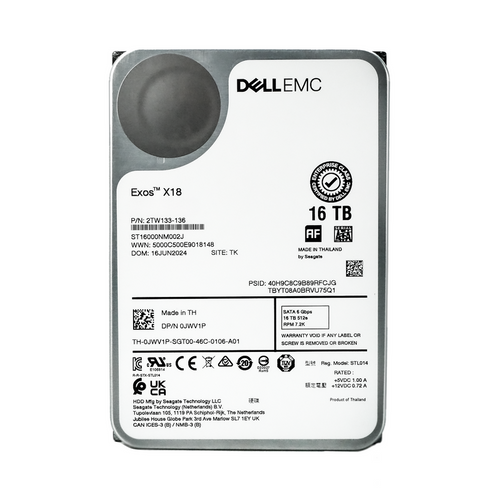 Dell Seagate Exos X18 16TB 7.2K RPM SATA 6Gb/s 512e 3.5in hard drive, high-capacity storage for enterprise servers.