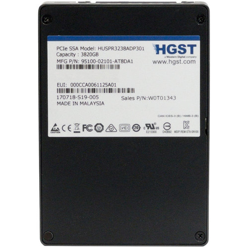 HGST SN100 3.82TB PCIe Gen 3.0 x4 U.2 NVMe SSD for enterprise storage and high-performance data centers.