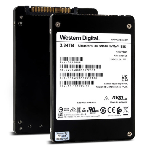 0TS2088 - Western Digital - Ultrastar DC SN640 3.84TB PCIe Gen3 x4 4GB/s 3D TLC U.2 NVMe 2.5in Solid State Drive