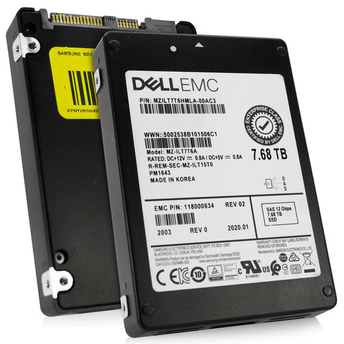 Dell/Samsung PM1643a 7.68TB SAS 12Gb/s 2.5in SSD, high-performance storage for enterprise data centers.