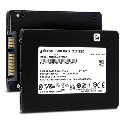 Micron 5300 PRO 7.68TB SATA SSD, 3D TLC TCG, SED, for enterprise storage and data security.