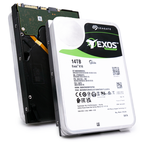 Seagate Exos X16 14TB 7.2K RPM SATA 6Gb/s 512e CMR 3.5in hard drive for enterprise storage and data centers.