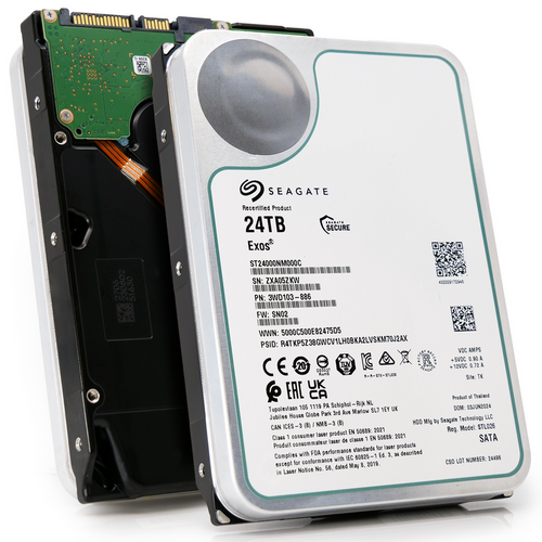 Seagate Exos 24TB 7.2K RPM SATA 6Gb/s 512e 3.5in hard drive for enterprise storage and data centers.