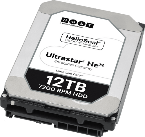 HGST Ultrastar He12 12TB SAS 7.2K RPM 4Kn HDD, 256MB cache, for enterprise storage and data centers.