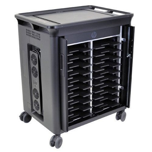 HP QL488AA notebook charging rolling cart with locking door, compact design, ideal for classroom or office use.