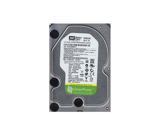 Western Digital AV-GP 2TB SATA hard drive, 3.5-inch, 5400RPM, 64MB cache, ideal for surveillance or NAS.