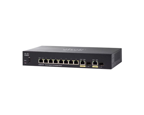 Cisco SG350-10MP-K9 8-port PoE+ Layer 3 managed smart switch for enterprise networking, rack-mountable, includes 2 SFP ports.