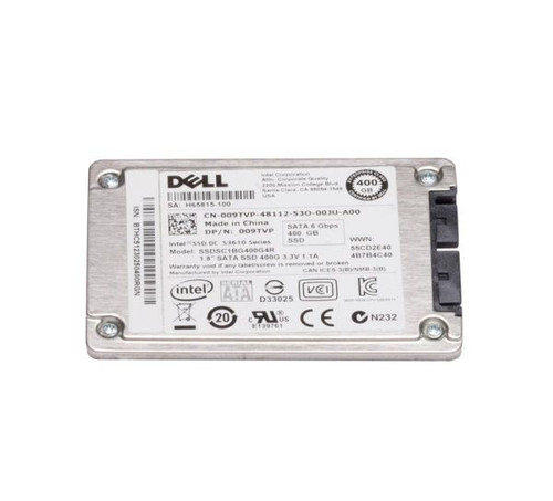 Dell 400GB SATA 6Gb/s MLC SSD, part 009TVP, for mixed use, 1.8-inch form factor, tray included.