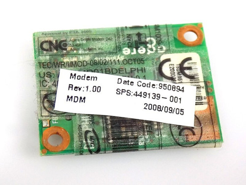 HP 56Kbps V.15 Modem Card, model 449139-001, for network connectivity in communication devices.