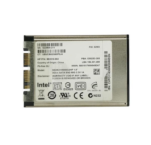 HP 80GB MLC SATA SSD 3Gb/s 1.8-inch for reliable data storage and fast access in portable devices.