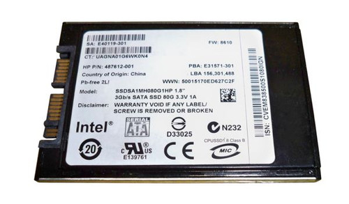 HP 80GB uSATA 1.8-inch SSD, model 487612-001, for portable and compact storage solutions in laptops and ultrabooks.