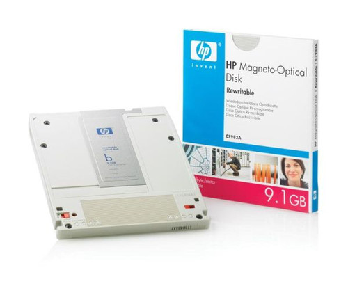 HP C7983A 9.1GB Rewritable Magneto Optical Media for data storage in 5.25-inch drives.