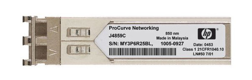 HP J4859C 1000BASE-LX SFP Transceiver, single-mode, 10km, duplex LC, for networking and telecom use.