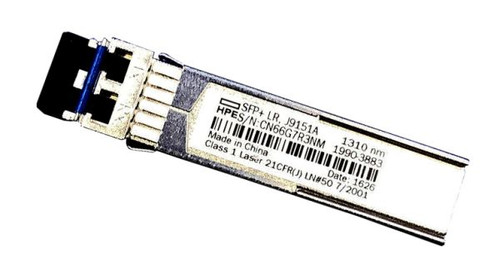 HP J9151A 10GBASE-LR SFP+ Transceiver, Single-mode, 10km, 1310nm, Duplex LC, for fiber network connections.