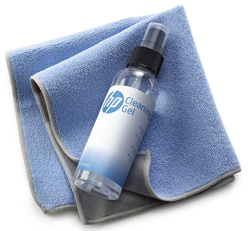 HP K6F99AA tablet screen cleaning kit for electronics, includes microfiber cloth and cleaning solution for screens.