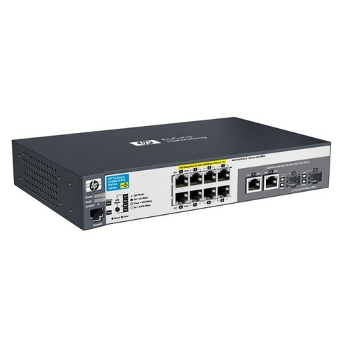 HP ProCurve 2520-8-PoE Ethernet Switch, part J9137A#ABA, compact network switch with 8 PoE ports, SFP, for LAN connections.