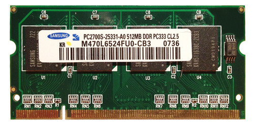 M470L6524FU0-CB3 - Samsung 512MB DDR-333MHz PC2700 non-ECC Unbuffered CL2.5 200-Pin SoDimm Memory Module
