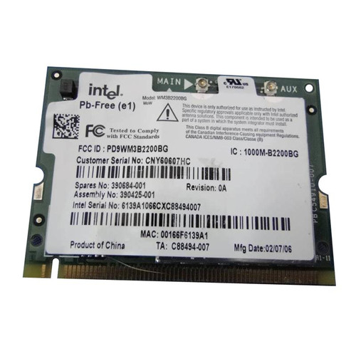 390425-001 - Compaq Mini PCI 54G WiFi 802.11b/g Wireless LAN (WLAN) Network Interface Card for HP NC4000/NC4010/NC6000 Series Notebooks