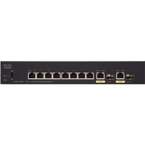 SF352-08MP-K9-NA - Cisco SF352-08MP 8-Port 10 100 POE Managed Switch 8 x Fast Ethernet Network Manageable Twisted Pair 3 Layer Supported Desktop, Rack-mountable Lifetime Limited Warranty