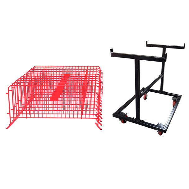 10 Pack of Red 8.5 foot crowd control barricades and one push cart