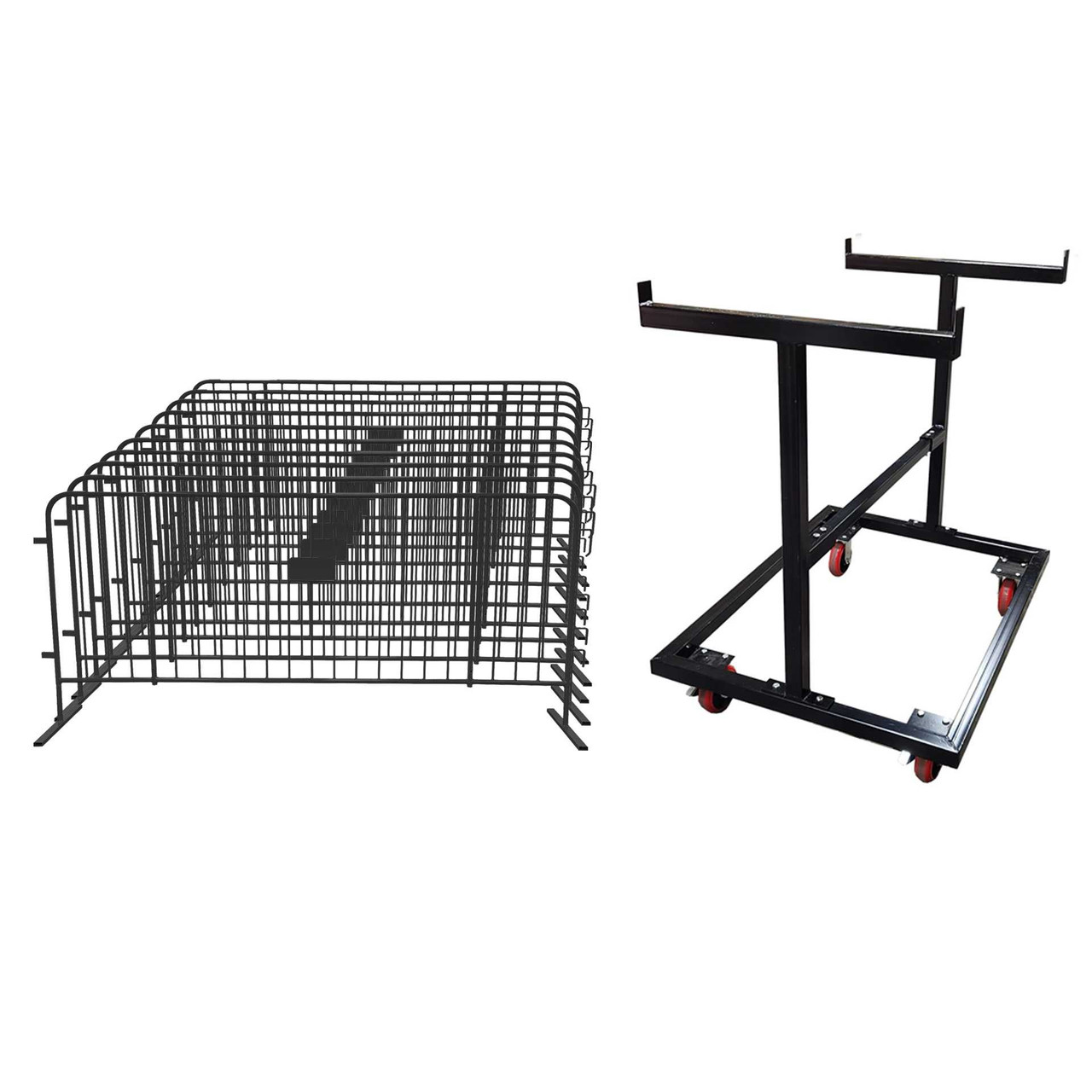 10 Black Crowd Control Barriers & Barricade Cart