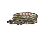 Nicole - Tan & Green Crystal Beads with Dark Brown Leather - 4 Wrap Bracelet