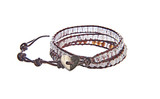 Cassie - Clear Crystal and Opaque Stone Beads with Brown Leather -  Triple Wrap Bracelet
