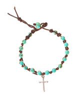 Cross Stainless Turquoise Stone Charm Leather Wrap in Silver
