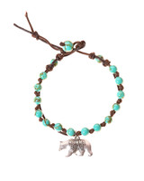 Momma Bear Stainless Turquoise Stone Charm Leather Wrap in Silver