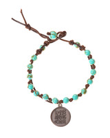 Love You More Stainless Turquoise Stone Charm Leather Wrap in Silver