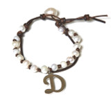 Letter D Stainless Fresh Water Pearl Charm Leather Wrap in Silver