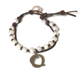 Letter O Stainless Fresh Water Pearl Charm Leather Wrap in Silver