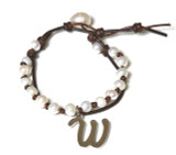 Letter W Stainless Fresh Water Pearl Charm Leather Wrap in Silver