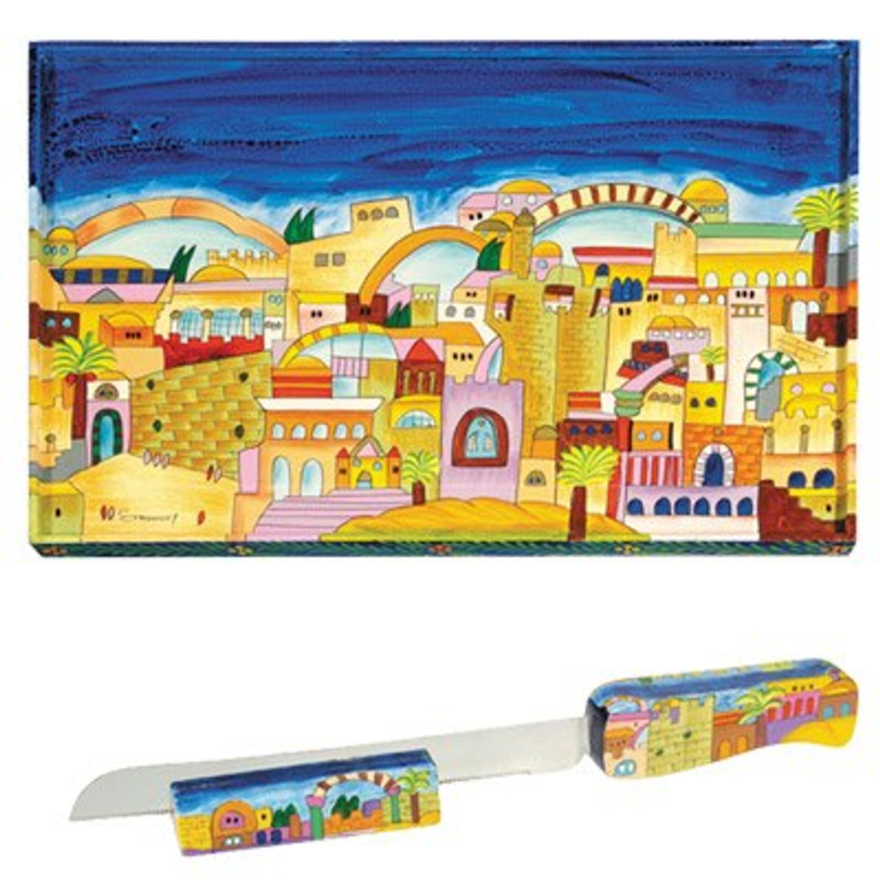 Yair Emanuel Jerusalem Wood Challah Board and Matching Knife