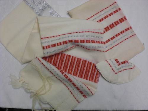 Gabrieli Wool Tallit Set with Red & Silver Stripes