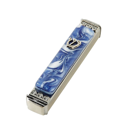 Baskin Art Glass Marbled Blue & White Mezuzah