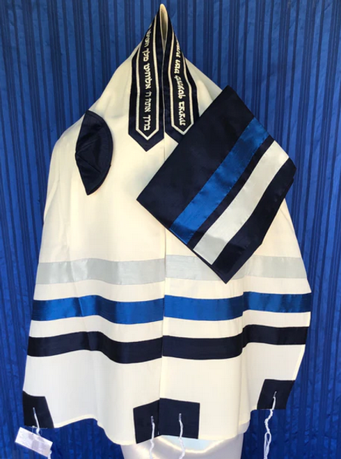 Michal Multi Blue and Silver Striped Tallit Set